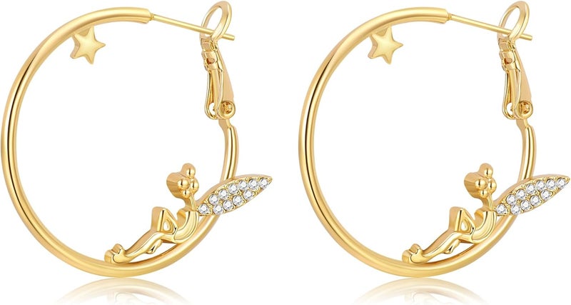 Medsor Fairy Angel Hoop Earrings Hypoallergenic 14K Gold Plated Plated Wing Earring - Image 1